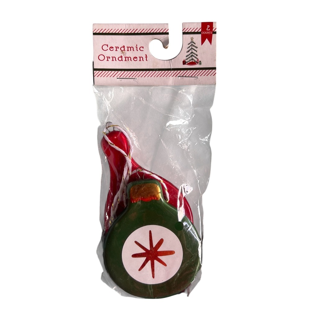 Crescent Enterprise MCM Ceramic Christmas Ornaments Set of 2 Red Green Starburst